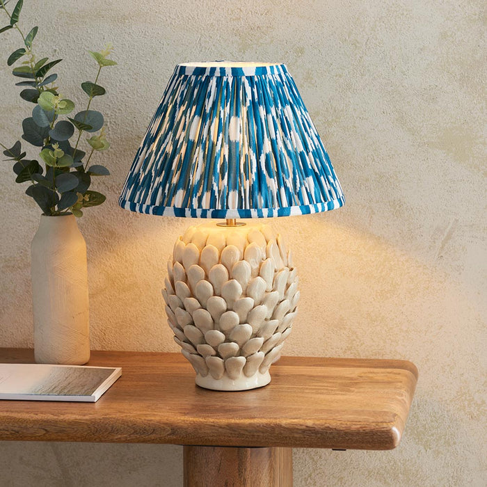 Layered Leaf And Ikat 30cm Marlin Blue Shade Table Lamp With Round Ivory Ceramic Base