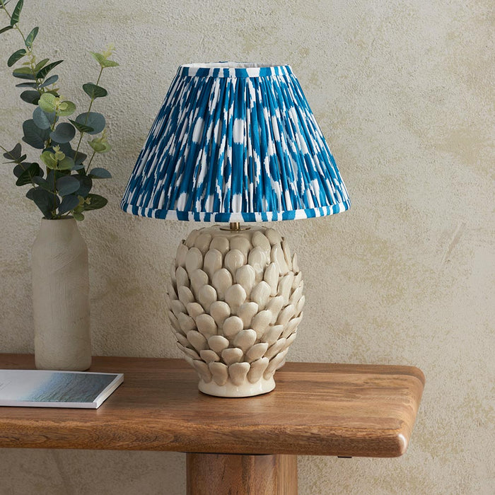 Layered Leaf And Ikat 30cm Marlin Blue Shade Table Lamp With Round Ivory Ceramic Base