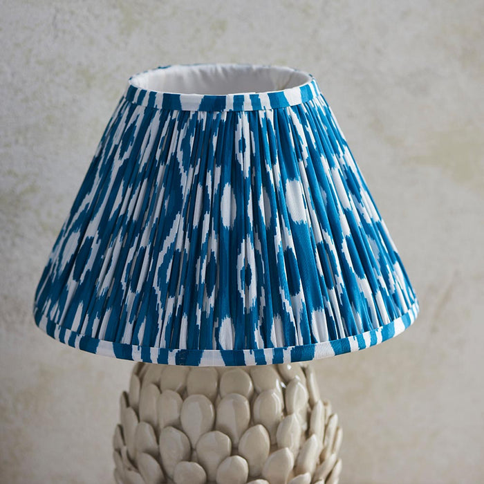 Layered Leaf And Ikat 30cm Marlin Blue Shade Table Lamp With Round Ivory Ceramic Base