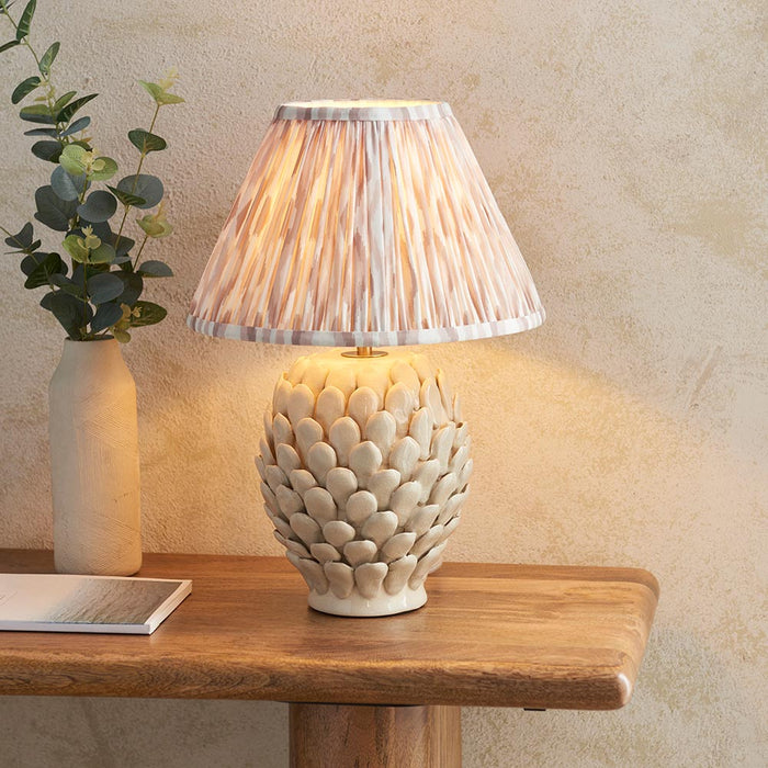 Layered Leaf And Ikat 30cm Neutral Shade Table Lamp With Round Ivory Ceramic Base