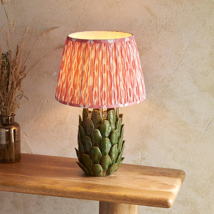 Layered Leaf And Ikat 35cm Coral Pink Shade Table Lamp With Round Ivory Ceramic Base