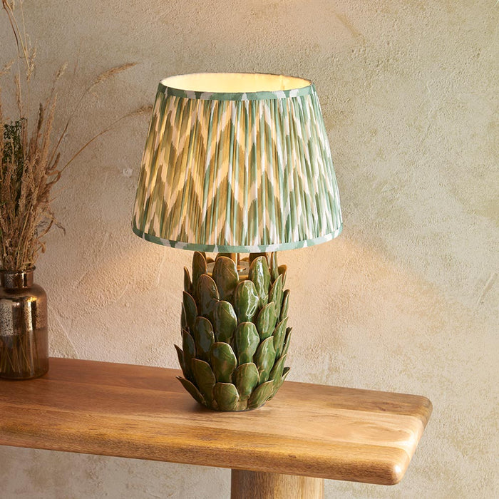 Layered Leaf And Zigzag 35cm Cotswold Green Shade Table Lamp With Round Ivory Ceramic Base