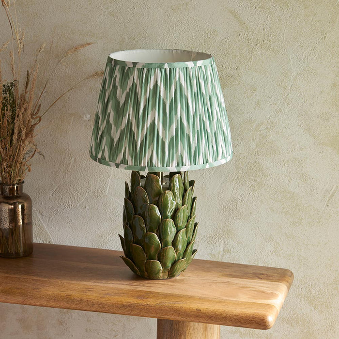 Layered Leaf And Zigzag 35cm Cotswold Green Shade Table Lamp With Round Ivory Ceramic Base
