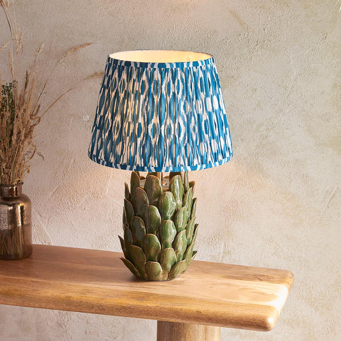 Layered Leaf And Ikat 35cm Marlin Blue Shade Table Lamp With Round Ivory Ceramic Base
