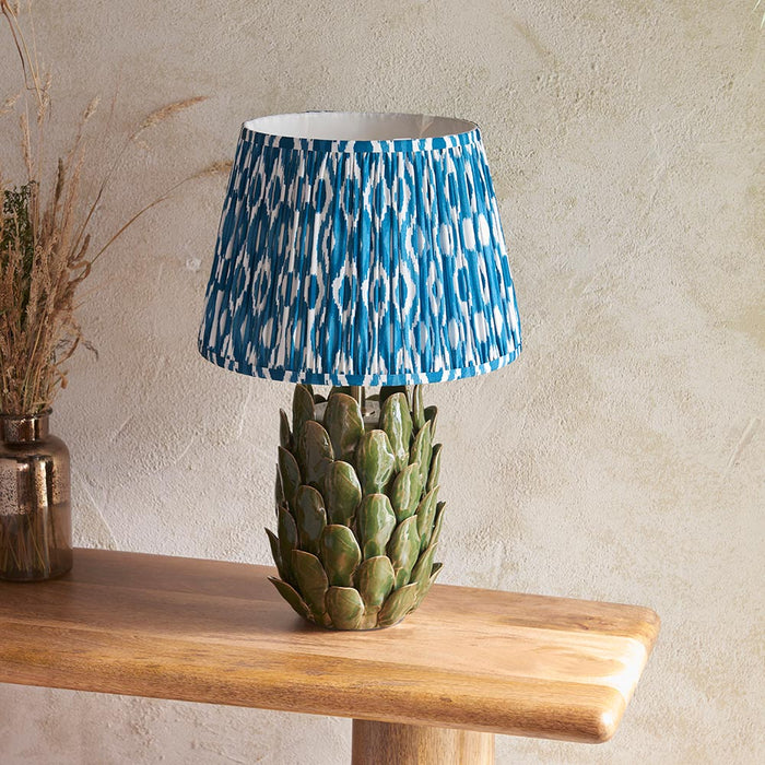 Layered Leaf And Ikat 35cm Marlin Blue Shade Table Lamp With Round Ivory Ceramic Base