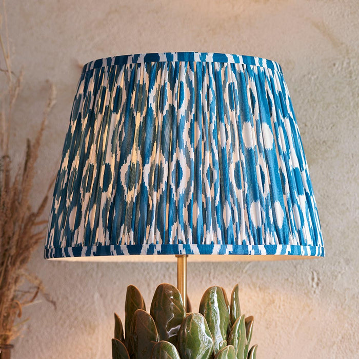 Layered Leaf And Ikat 35cm Marlin Blue Shade Table Lamp With Round Ivory Ceramic Base