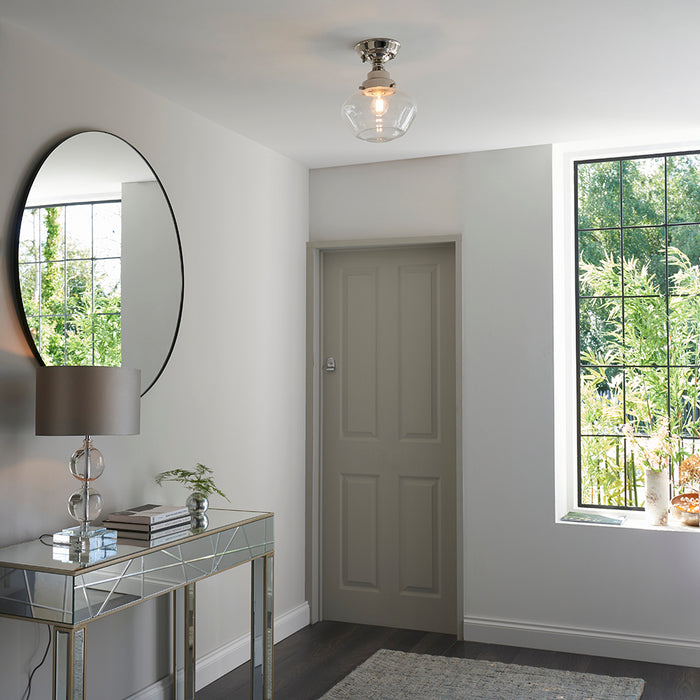 Camberley Clear Glass Shade Semi Flush Ceiling Light In Polished Nickel