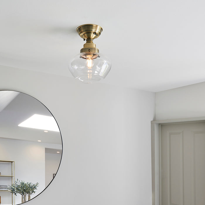 Camberley Clear Glass Shade Semi Flush Ceiling Light In Antique Brass