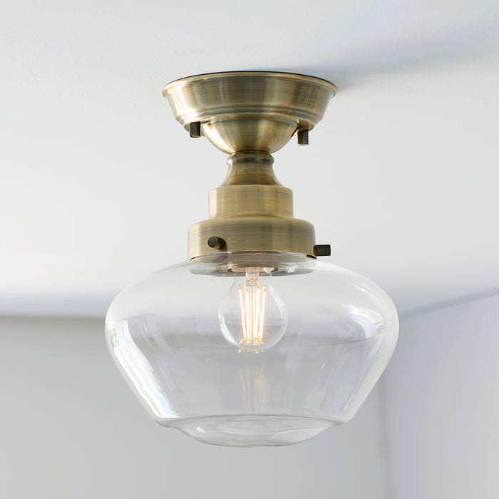 Camberley Clear Glass Shade Semi Flush Ceiling Light In Antique Brass