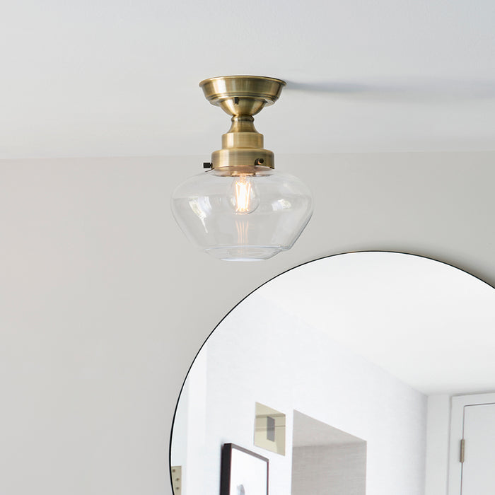 Camberley Clear Glass Shade Semi Flush Ceiling Light In Antique Brass
