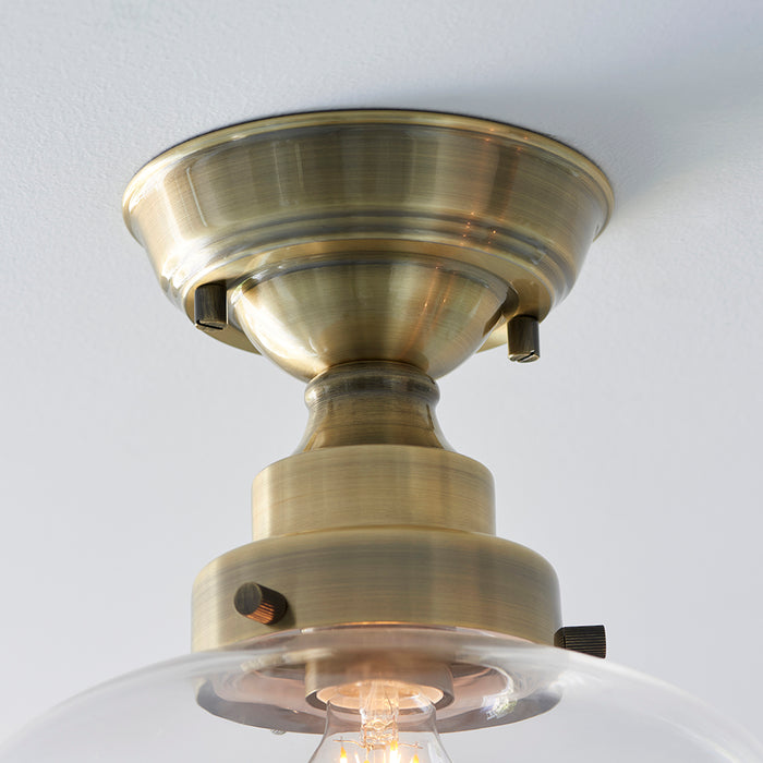 Camberley Clear Glass Shade Semi Flush Ceiling Light In Antique Brass