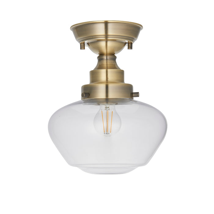 Camberley Clear Glass Shade Semi Flush Ceiling Light In Antique Brass