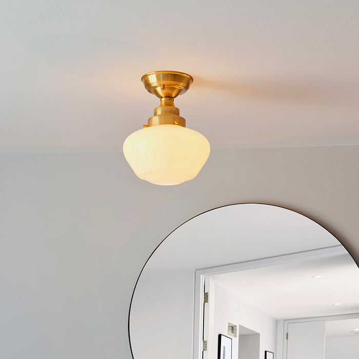 Camberley Opal Glass Shade Semi Flush Ceiling Light In Antique Brass