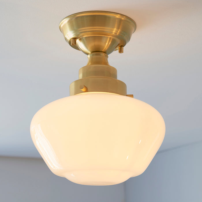 Camberley Opal Glass Shade Semi Flush Ceiling Light In Antique Brass