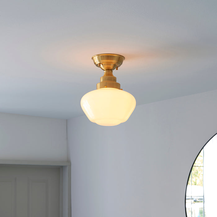 Camberley Opal Glass Shade Semi Flush Ceiling Light In Antique Brass