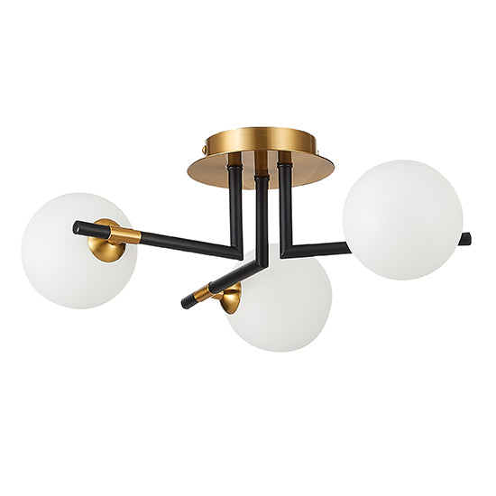 Batley 3 Bulbs Flush Ceiling Light In Matt Black Antique Brass