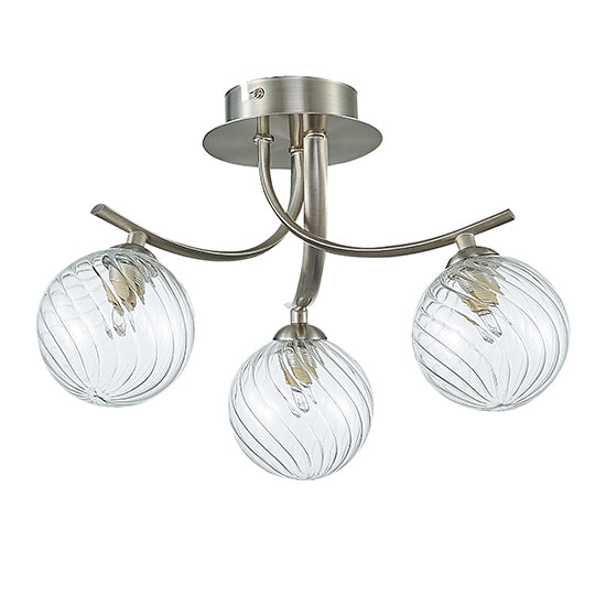 Kettlewell 3 Grooved Swirls Glass Globe Bulbs Flush Ceiling Light In Satin Nickel