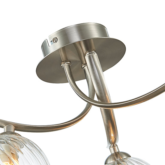 Kettlewell 3 Grooved Swirls Glass Globe Bulbs Flush Ceiling Light In Satin Nickel