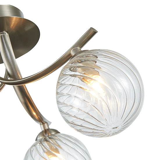 Kettlewell 3 Grooved Swirls Glass Globe Bulbs Flush Ceiling Light In Satin Nickel