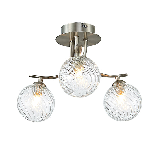 Kettlewell 3 Grooved Swirls Glass Globe Bulbs Flush Ceiling Light In Satin Nickel