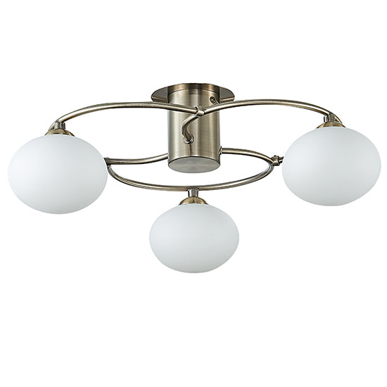 Leyburn 3 Opal Glass Globe Bulbs Flush Ceiling Light In Antique Brass