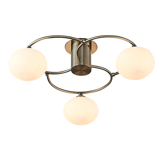 Leyburn 3 Opal Glass Globe Bulbs Flush Ceiling Light In Antique Brass