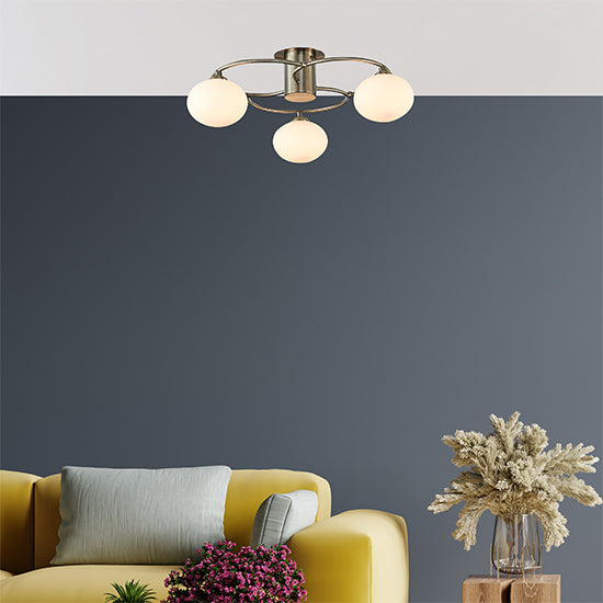 Leyburn 3 Opal Glass Globe Bulbs Flush Ceiling Light In Antique Brass
