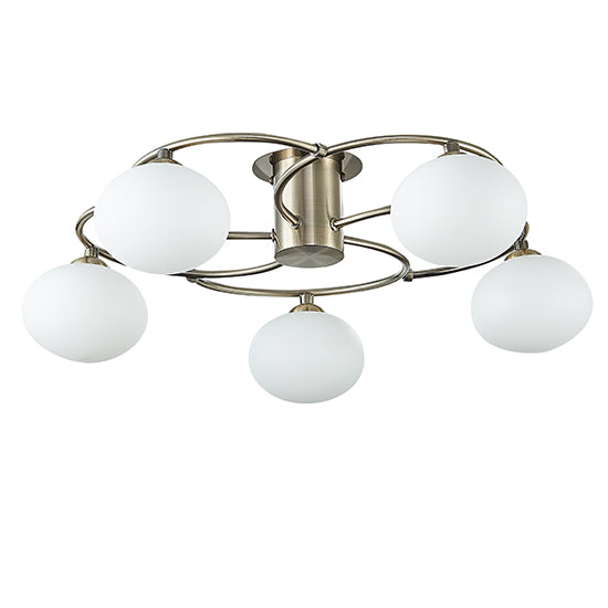 Leyburn 5 Opal Glass Globe Bulbs Flush Ceiling Light In Antique Brass