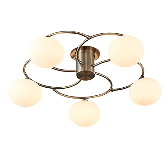Leyburn 5 Opal Glass Globe Bulbs Flush Ceiling Light In Antique Brass