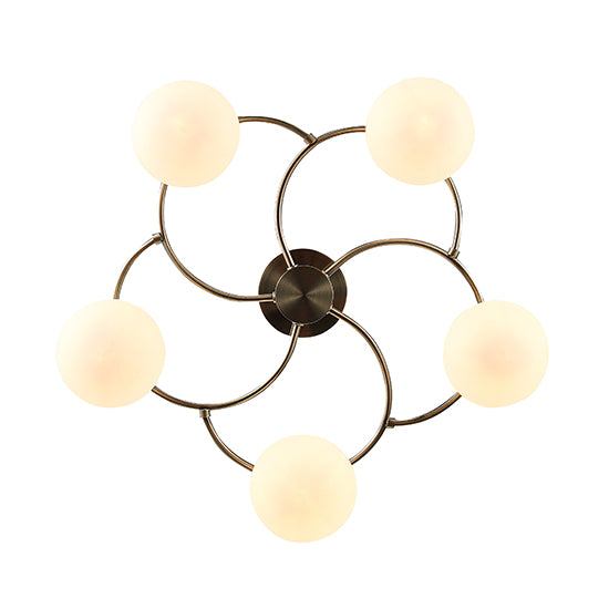 Leyburn 5 Opal Glass Globe Bulbs Flush Ceiling Light In Antique Brass