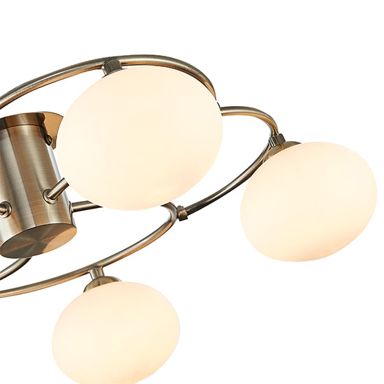Leyburn 5 Opal Glass Globe Bulbs Flush Ceiling Light In Antique Brass