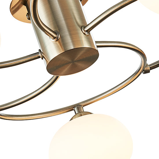 Leyburn 5 Opal Glass Globe Bulbs Flush Ceiling Light In Antique Brass