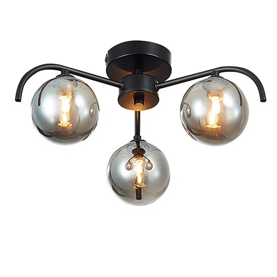 Otley 3 Smoked Glass Globe Bulbs Flush Ceiling Light In Black