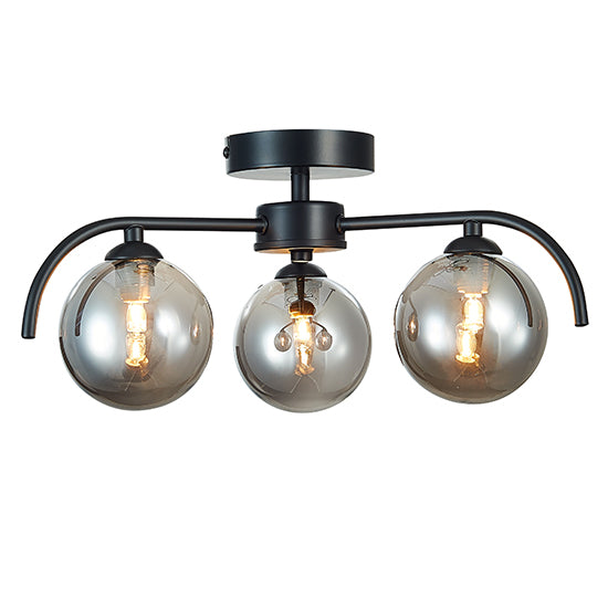 Otley 3 Smoked Glass Globe Bulbs Flush Ceiling Light In Black