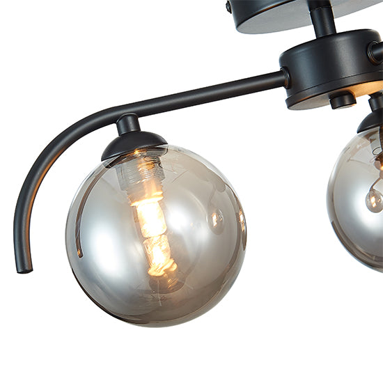 Otley 3 Smoked Glass Globe Bulbs Flush Ceiling Light In Black