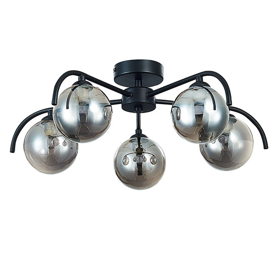 Otley 5 Smoked Glass Globe Bulbs Flush Ceiling Light In Black