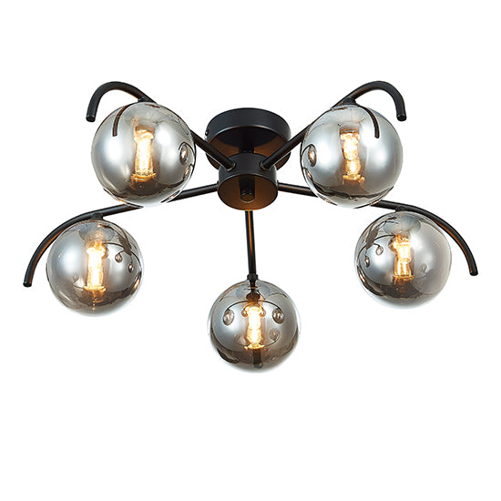 Otley 5 Smoked Glass Globe Bulbs Flush Ceiling Light In Black