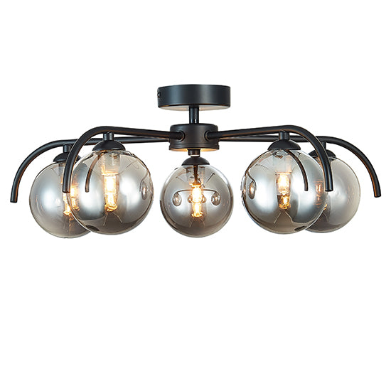 Otley 5 Smoked Glass Globe Bulbs Flush Ceiling Light In Black
