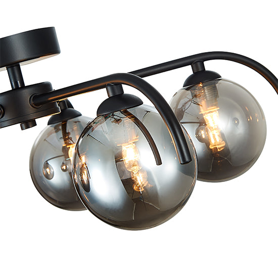 Otley 5 Smoked Glass Globe Bulbs Flush Ceiling Light In Black