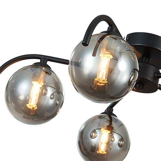Otley 5 Smoked Glass Globe Bulbs Flush Ceiling Light In Black