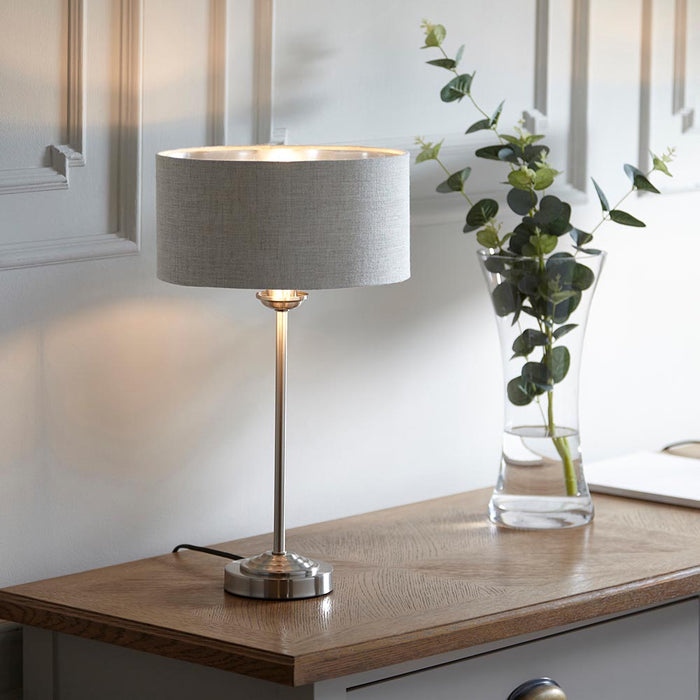 Highclere Natural Linen Shade Table Lamp In Brushed Chrome
