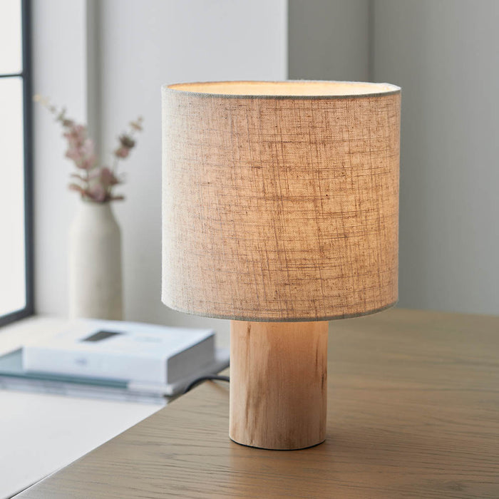 Durban Natural Linen Cylinder Shade Table Lamp With Natural Wooden Base