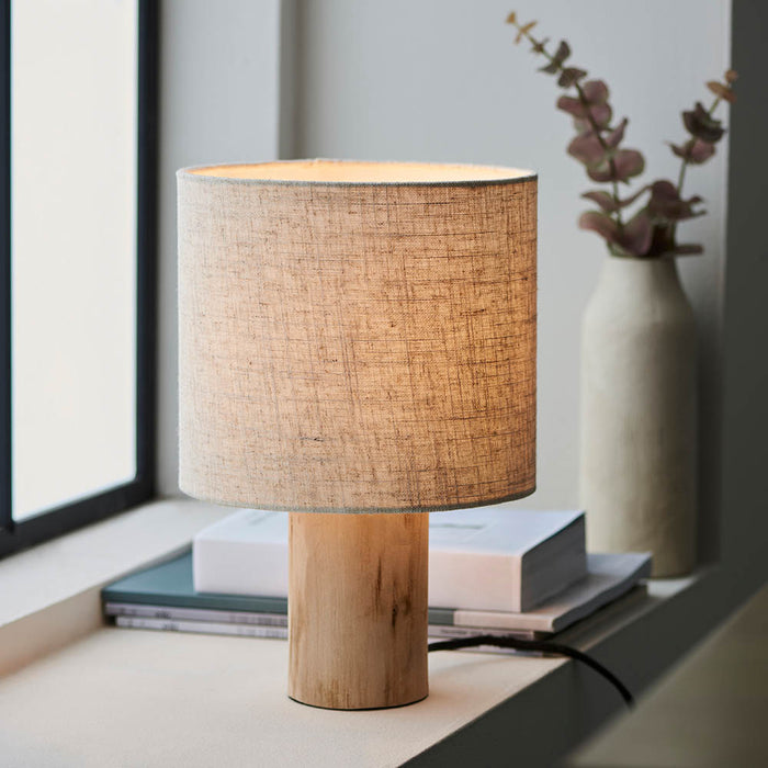 Durban Natural Linen Cylinder Shade Table Lamp With Natural Wooden Base