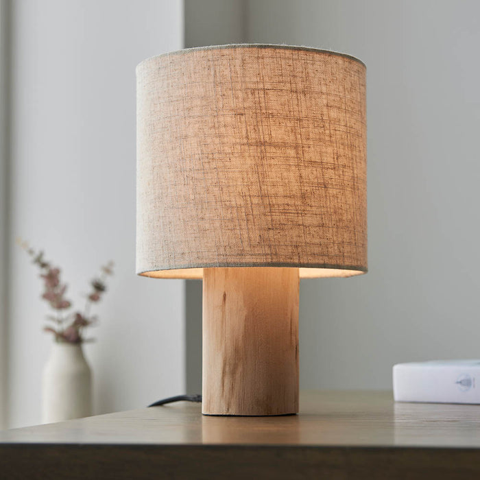 Durban Natural Linen Cylinder Shade Table Lamp With Natural Wooden Base