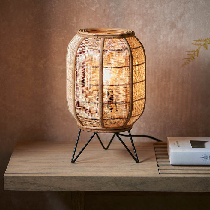 Zaire Natural Linen Fabric And Bamboo Shade Table Lamp In Matt Black