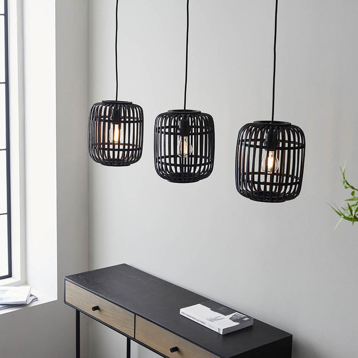 Mathias 3 Lights Linear Ceiling Pendant Light In Dark Stained Bamboo Open Framework