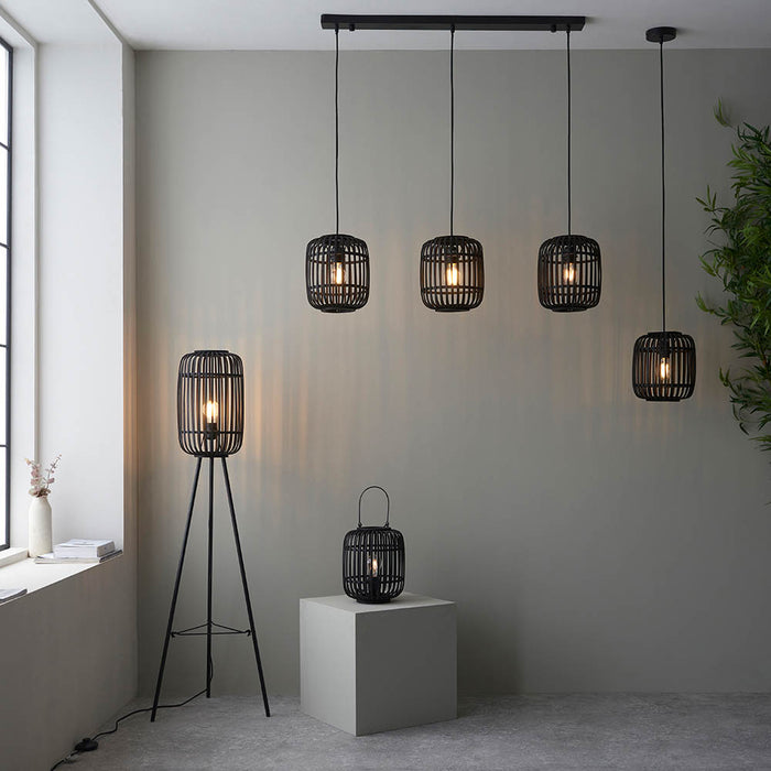 Mathias 3 Lights Linear Ceiling Pendant Light In Dark Stained Bamboo Open Framework