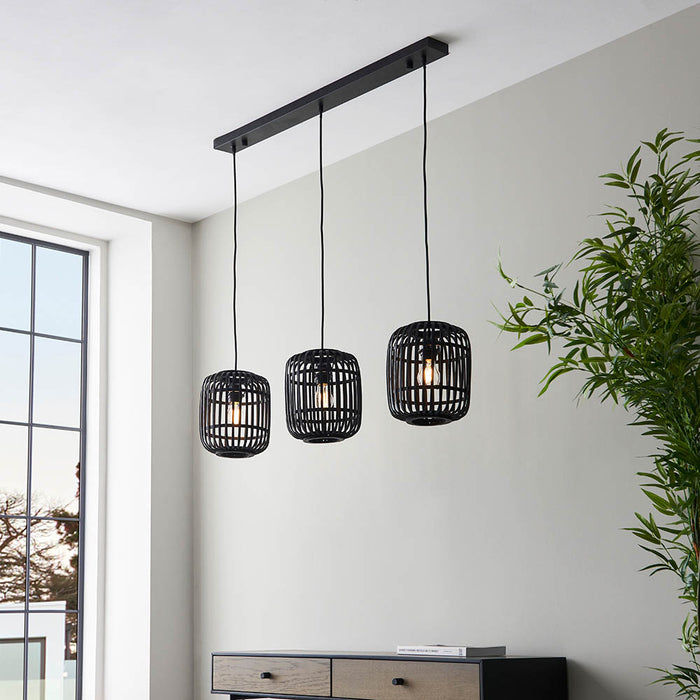 Mathias 3 Lights Linear Ceiling Pendant Light In Dark Stained Bamboo Open Framework