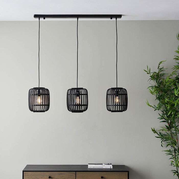 Mathias 3 Lights Linear Ceiling Pendant Light In Dark Stained Bamboo Open Framework