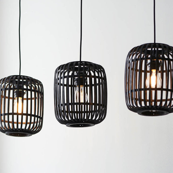 Mathias 3 Lights Linear Ceiling Pendant Light In Dark Stained Bamboo Open Framework